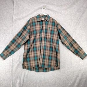 Cinch Teal Blue Plaid Cotton Long Sleeve Button Down Shirt Cinch Up Mens Medium